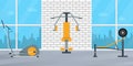 Gym interior with fitness equipment. Weight machine, elliptical, barbell. Vector illustration